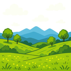 Obraz premium Lush green summer landscape with rolling hills trees and layered blue mountains