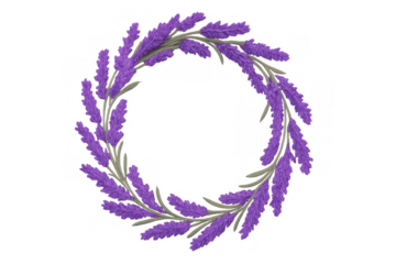 Lavender floral frame with purple blossoms forming a circular wreath, botanical element on transparent background