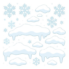 Fototapeta premium Stylized winter design elements set featuring snow caps, snowdrifts, and falling snowflakes