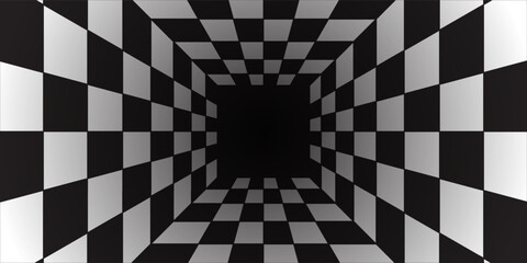 Chess perspective room background. Black and white chess board perspective room texture. Chess board pattern surface. Fading and disappearing chess board background. Abstract vector illustration.Print