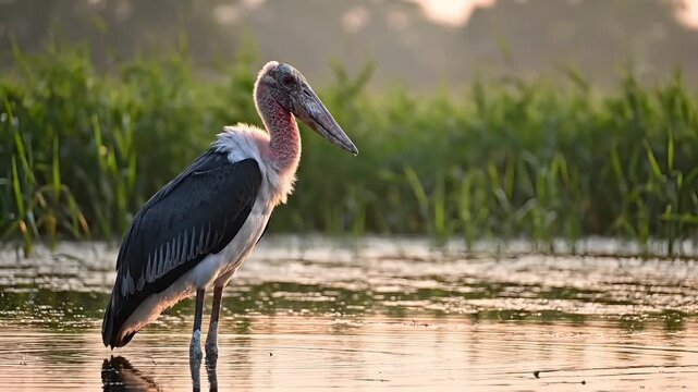 A marabou stork wading in shallow water with green vegetation in the background light