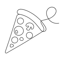 Minimalist single slice of pizza with toppings in continuous line style on a white background