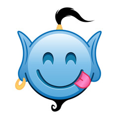 Blue genie cartoon emoji with face savoring a delicacy