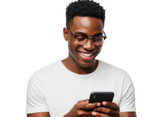 Young black man smiling while looking at his smartphone screen wearing glasses transparent background