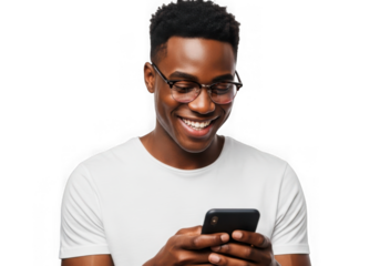 Young black man smiling while looking at his smartphone screen wearing glasses transparent background
