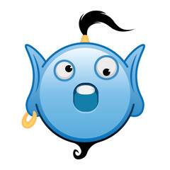 Blue genie cartoon emoji with grinning face open mouth and big eyes