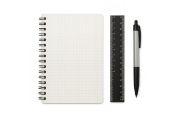 Notebook, pen, ruler office stationery supplies on transparent background