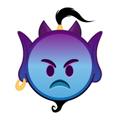 Blue purple genie cartoon emoji with angry sad face and horns
