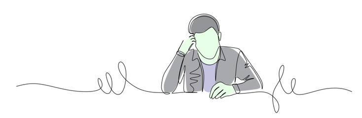 Continuous line art of a man pensive alone feeling stressed and depressed. Vector illustration with attractive colors.