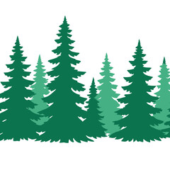 Seamless horizontal border of layered green pine tree silhouettes on white background