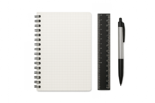 Notebook, pen, ruler office stationery supplies on transparent background