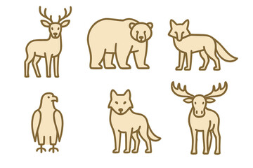 Minimalist line art icons set featuring northern forest and tundra wildlife