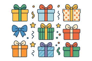 Seamless pattern of colorful wrapped gift boxes with decorative ribbons and bows