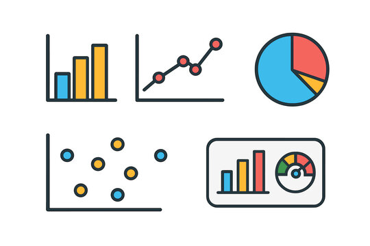 Business data visualization charts and graphs set including bar, line, pie, and scatter plots