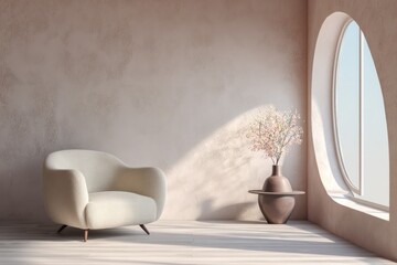 Softly lit armchair and vase with delicate branches near an oval window.
