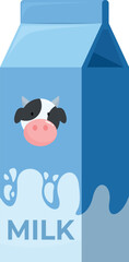 Blue milk carton packaging featuring a cute cow illustration and splashing milk, promoting fresh dairy products