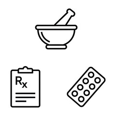 Pharmacy Rx Icon Set Mortar Pestle Prescription Blister Pack