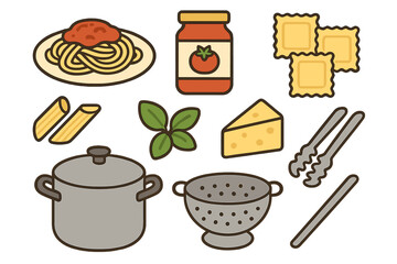 Italian pasta ingredients and cooking utensils collection on white background