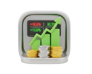 3d icon of stock market growth chart with coins isolated on transparent background