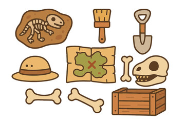Paleontology and archaeology discovery set with dinosaur skeleton, skull, bones, tools, and treasure map