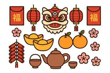 Traditional Chinese New Year symbols set with lion dance mask lanterns red envelopes and gold ingots