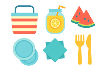 Summer picnic essentials including striped basket, lemonade, watermelon, plates, and cutlery