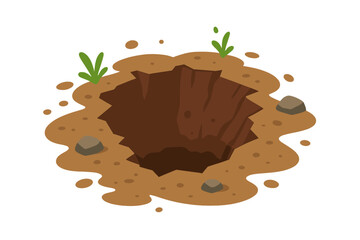 Deep jagged hole in the ground surrounded by brown soil and green grass patches