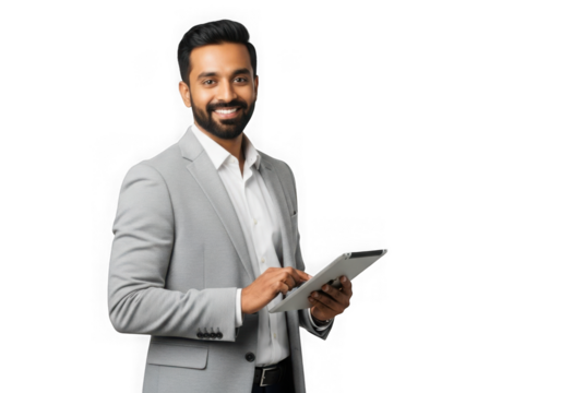 Smiling businessman with glasses holds tablet writing notes professionally transparent background