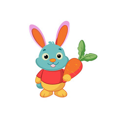 Cute cartoon blue bunny holding a fresh orange carrot with green leaves