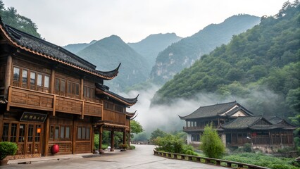 Obraz premium Misty mountains village traditional architecture river serene evening scene