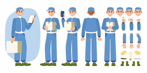 Delivery man character set with multiple poses and customizable parts for animation and illustration