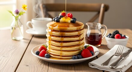 Delicious Stack of Pancakes with Butter, Syrup & Berries – Breakfast Table Scene
