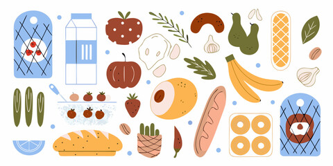 A colorful assortment of fresh fruits vegetables bread dairy and nuts arranged in a playful flat design style