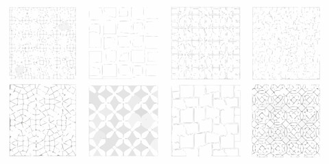 Collection of eight abstract geometric patterns with subtle textures and variations in line weight and shading