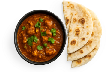 Spicy Indian Chicken Curry Dish Served with Naan on a transparent background
