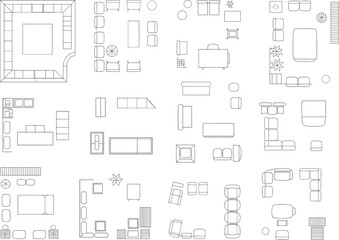 Top view modern furniture layout collection, living room and office arrangement set, architectural interior design plan, minimalist floor plan symbols for home decoration