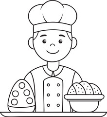 Happy chef character showing fresh baked goods illustration for culinary and educational themes