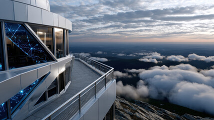A modern observatory perched atop a mountain presents a breathtaking view over the clouds at sunrise, symbolizing the pursuit of knowledge and exploration of the universe.