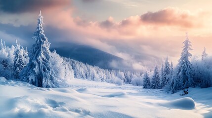 Snowy Mountain Landscape White Trees, Pink Clouds, and Beautiful Winter Scenery