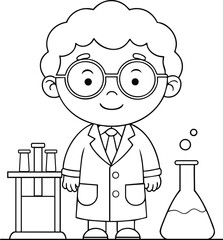 Young scientist cartoon character experimenting in lab for discovery and educational coloring