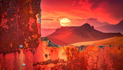 Sunset over a desert landscape seen through weathered, textured, red and orange concrete opening