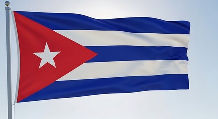 Flag of Cuba with Blue White Stripes and Red Triangle on Light Cloudy Sky