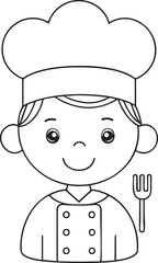 Little cartoon chef holding fork ready to make tasty dishes and family meal illustrations