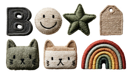 Cute Embroidered Patches with Various Shapes and Colors on Transparent Background