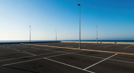 Empty parking lot overlooking a tranquil ocean. A clear, sunny day, with tall metal light posts and delineated parking spaces