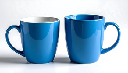 Two blue ceramic mugs, one partially filled and the other empty, on a clean, bright white background
