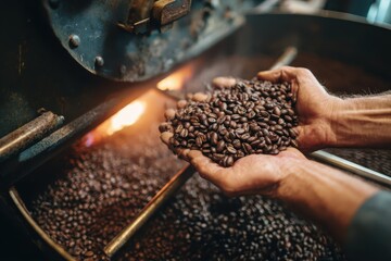 Cooling tray with brown roasted coffee beans. Coffee production industry of Africa. Fresh coffee grains in barista hands. Roaster background. Closeup roasting machine. Modern equipment grain chiller