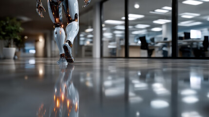 Fototapeta premium A reflective transparent figure is seen walking through a modern office setting, highlighted by warm light, embodying the blend of technology and human presence in contemporary workspaces.