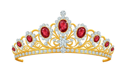 An elegant gold tiara with red ruby and diamond gemstones, a luxurious royal jewelry illustration isolated on a white background © Avra