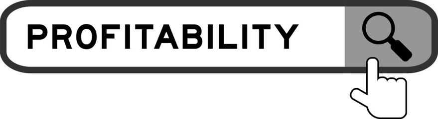 Search banner in word profitability with hand over magnifier icon on white background